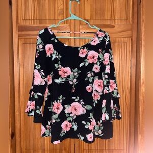 Black Floral Bell-Sleeve Tunic with Pink Roses